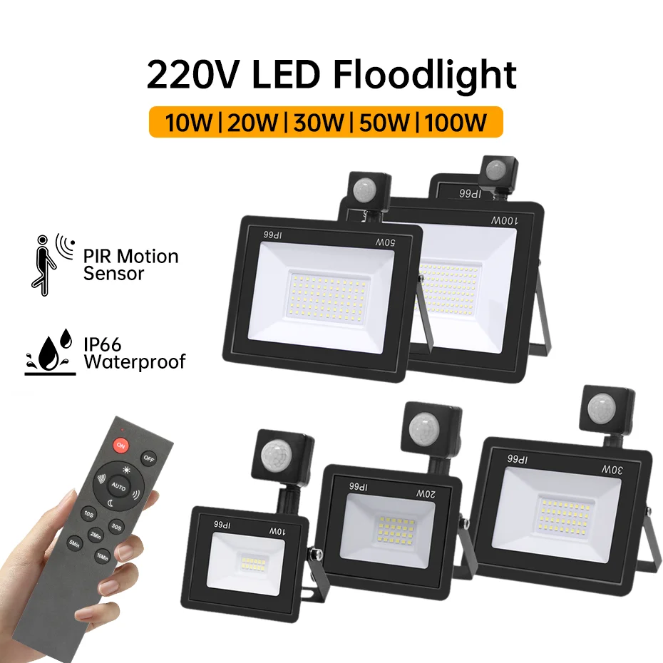 10W-100W LED Floodlight PIR Motion Sensor IP66 Waterproof Outdoor Garden/Street Spotlight AC220V 6000K with IR Remote Control 
10W-100W LED Floodlight PIR Motion Sensor IP66 Waterproof Outdoor Garden/Street Spotlight AC220V 6000K with IR Remote Control