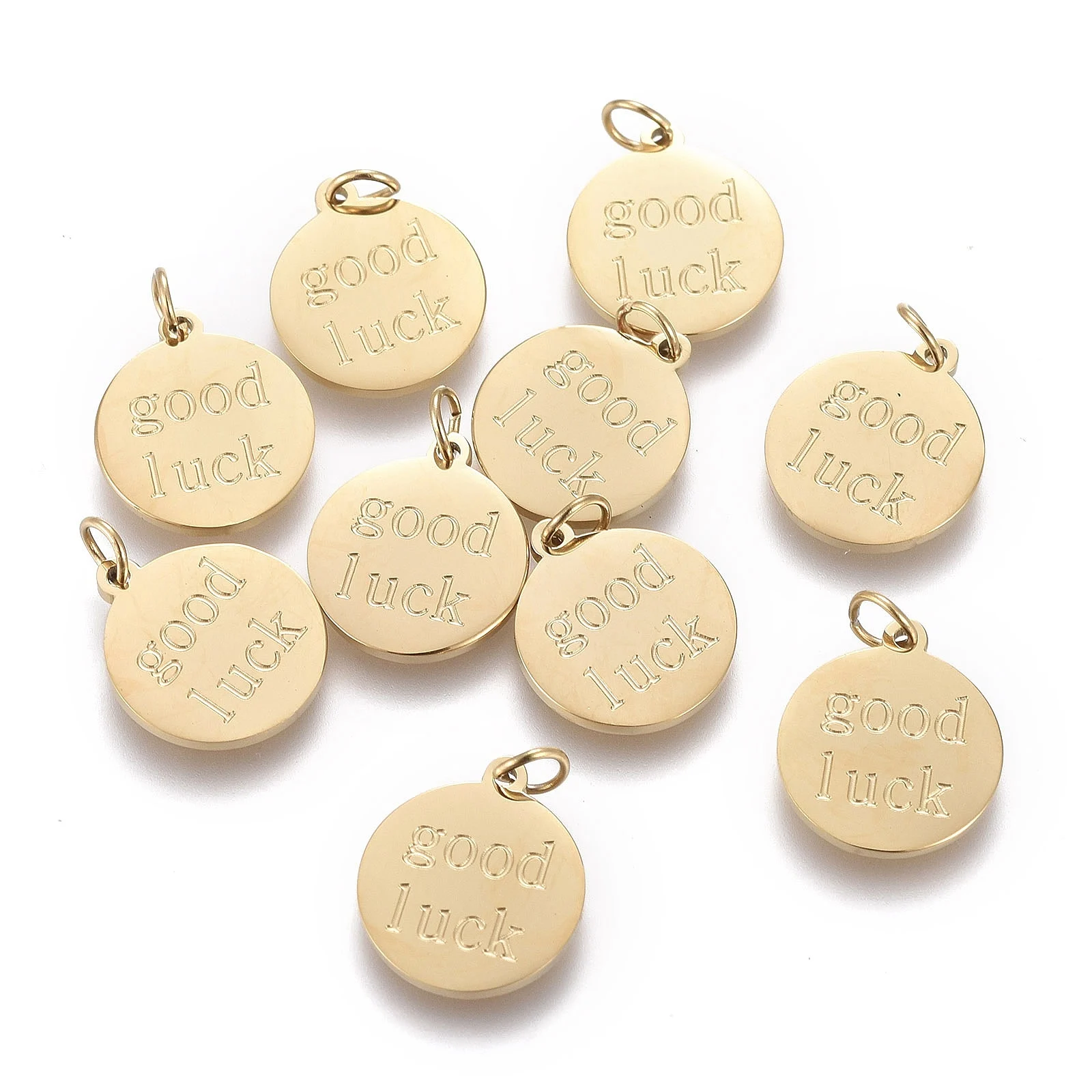 10pcs 304 Stainless Steel Charms with Jump Rings Flat Round with Word Good Luck Golden for Making DIY Jewelry Necklace Earring
10pcs 304 Stainless Steel Charms with Jump Rings Flat Round with Word Good Luck Golden for Making DIY Jewelry Necklace Earring