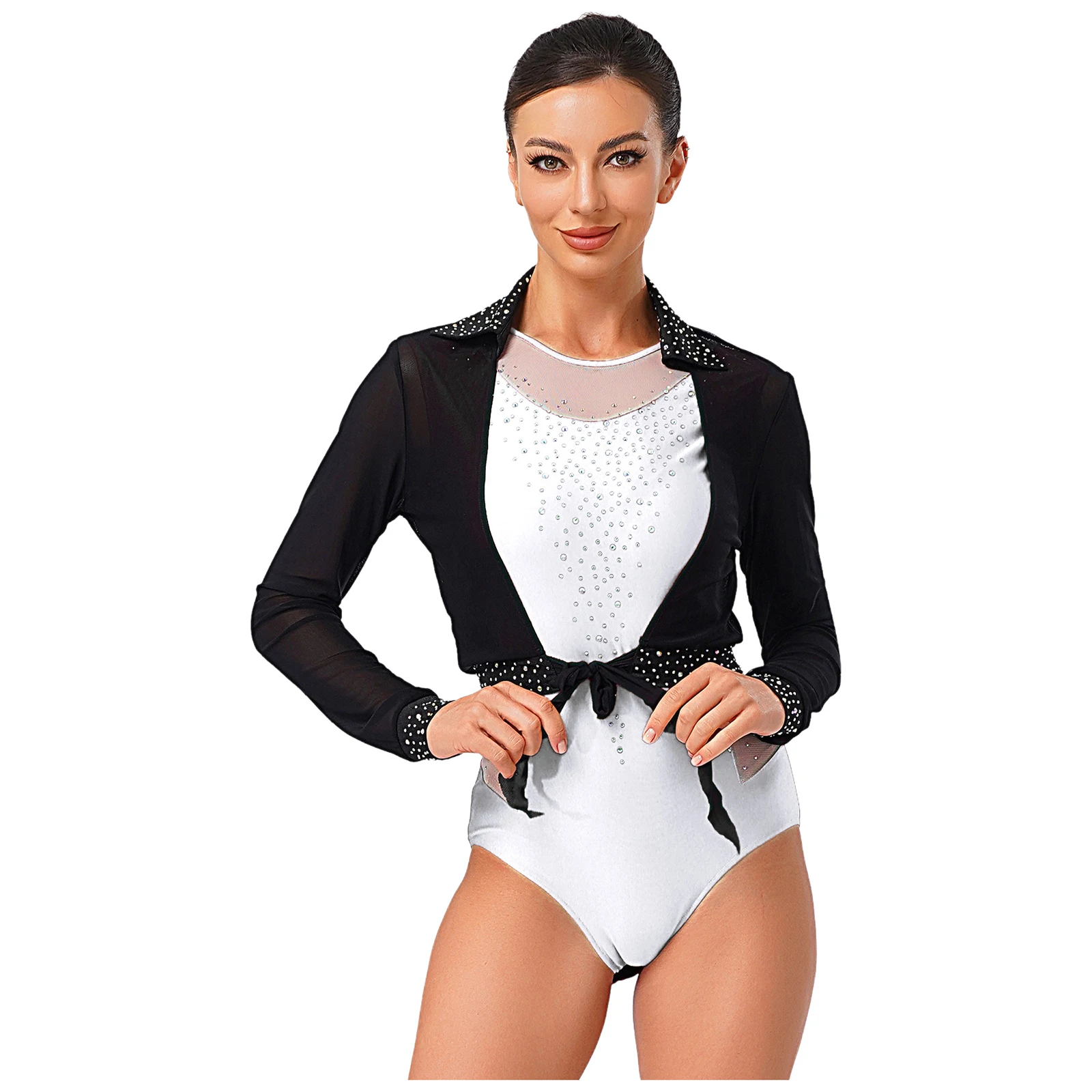 Women Sheer Mesh Cardigan Shirt Tops Shiny Rhinestones Lapel Long Sleeve Open Front Tying Bolero Cropped Coat Dancing Accessory
Women Sheer Mesh Cardigan Shirt Tops Shiny Rhinestones Lapel Long Sleeve Open Front Tying Bolero Cropped Coat Dancing Accessory