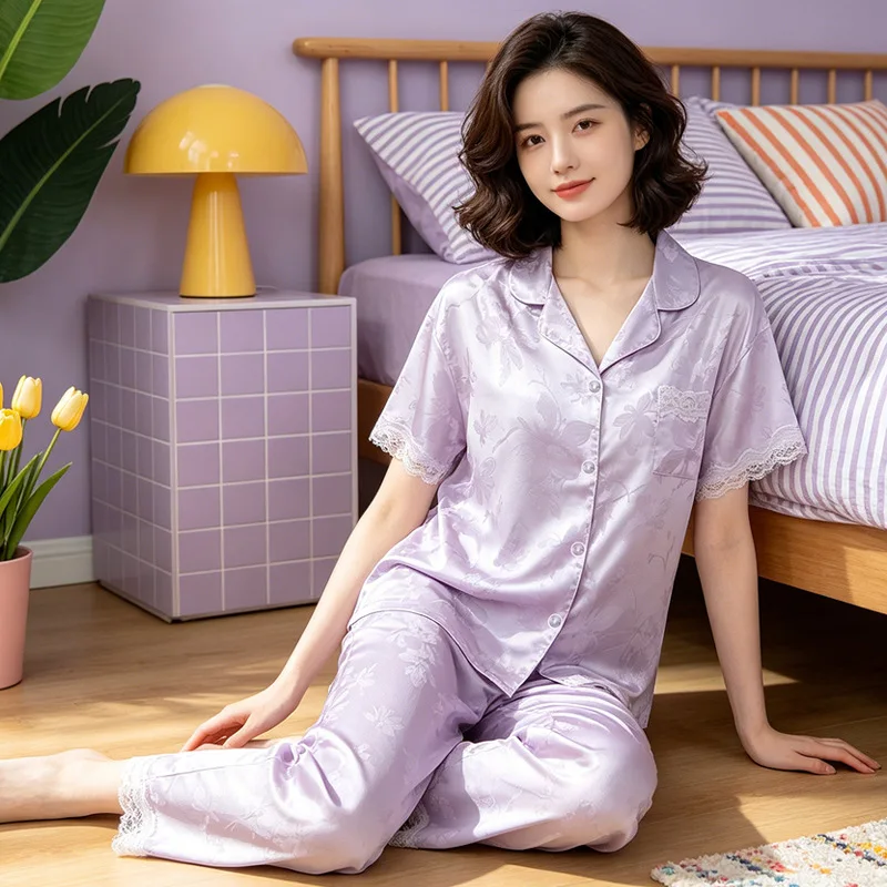 French-Style Royal Court Girl Pajamas, Short-Sleeve and Long Pants, Ice Silk, Summer Thin Jacquard Cardigan, Loose Home Wear
French-Style Royal Court Girl Pajamas, Short-Sleeve and Long Pants, Ice Silk, Summer Thin Jacquard Cardigan, Loose Home Wear