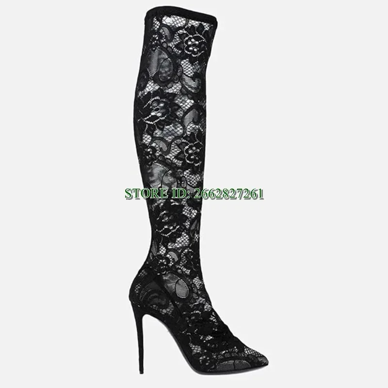Black Lace Over-The-Knee Elastic Boots Pointed Toe Stiletto Slip-On Long Boots
Black Lace Over-The-Knee Elastic Boots Pointed Toe Stiletto Slip-On Long Boots