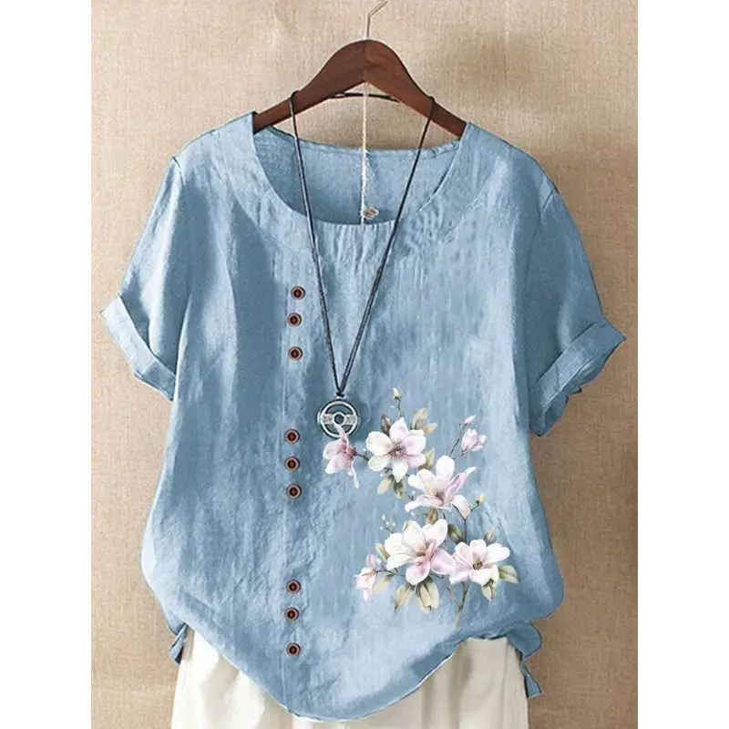 Women Summer Fashion Simplicity Floral Button Solid Color O-neck Ladies All-match Appear Thin Indie Folk Large Size Short Sleeve
Women Summer Fashion Simplicity Floral Button Solid Color O-neck Ladies All-match Appear Thin Indie Folk Large Size Short Sleeve