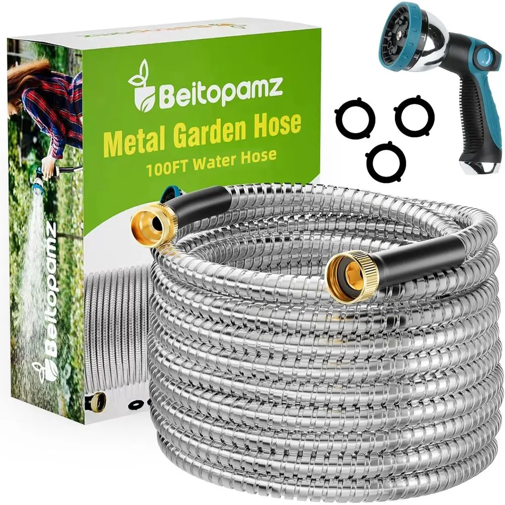 Stainless Steel 100ft Garden Hose with Brass Fittings, Flexible, Durable, Rustproof, No-Kink, Leakproof for Patio and Lawn Use
Stainless Steel 100ft Garden Hose with Brass Fittings, Flexible, Durable, Rustproof, No-Kink, Leakproof for Patio and Lawn Use
