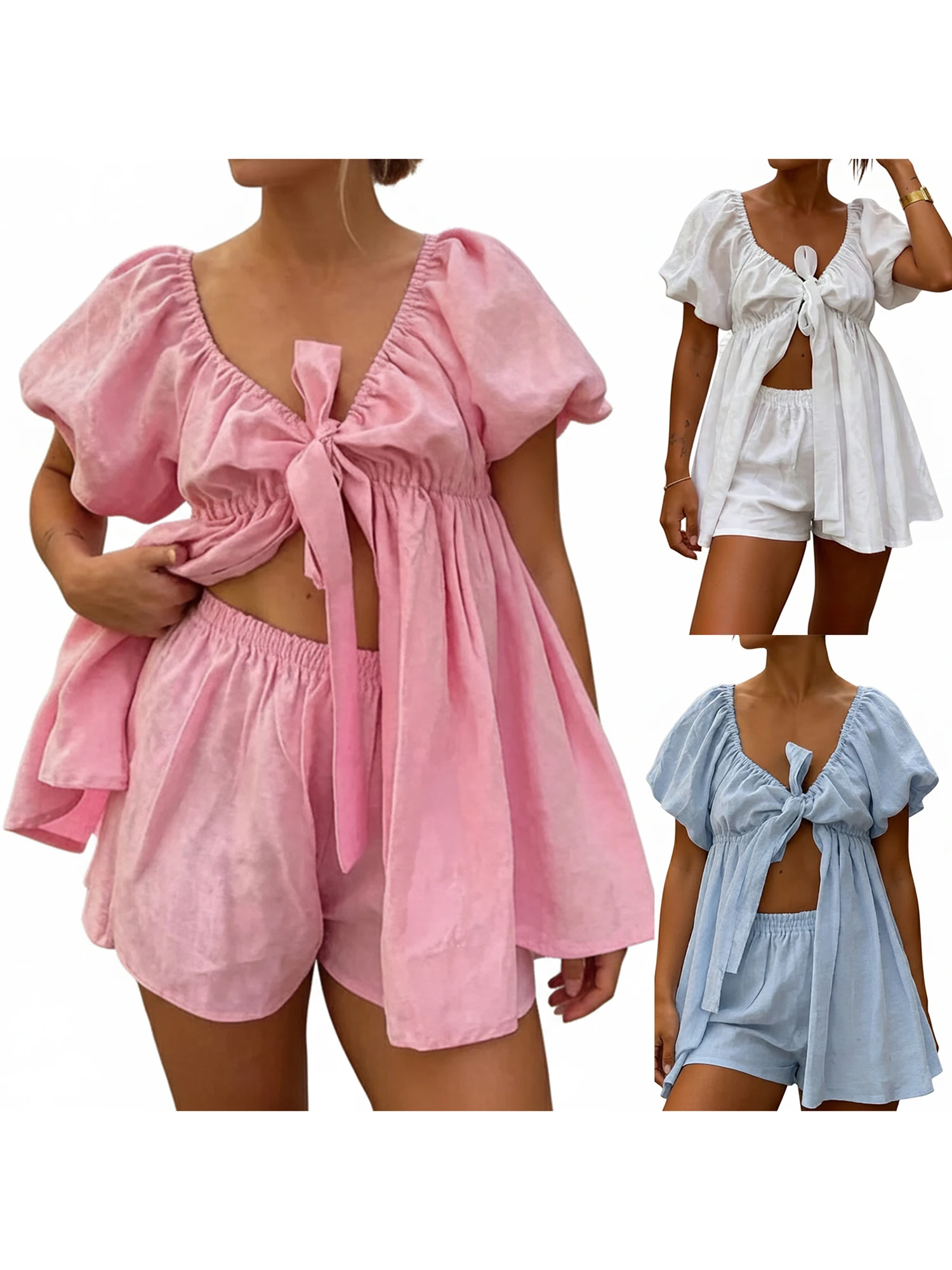 Women s 2-Piece Pajama Set with Short Sleeve V Neck Top and Elastic Waist Shorts in Solid Color Featuring Tie-Up Front
Women s 2-Piece Pajama Set with Short Sleeve V Neck Top and Elastic Waist Shorts in Solid Color Featuring Tie-Up Front