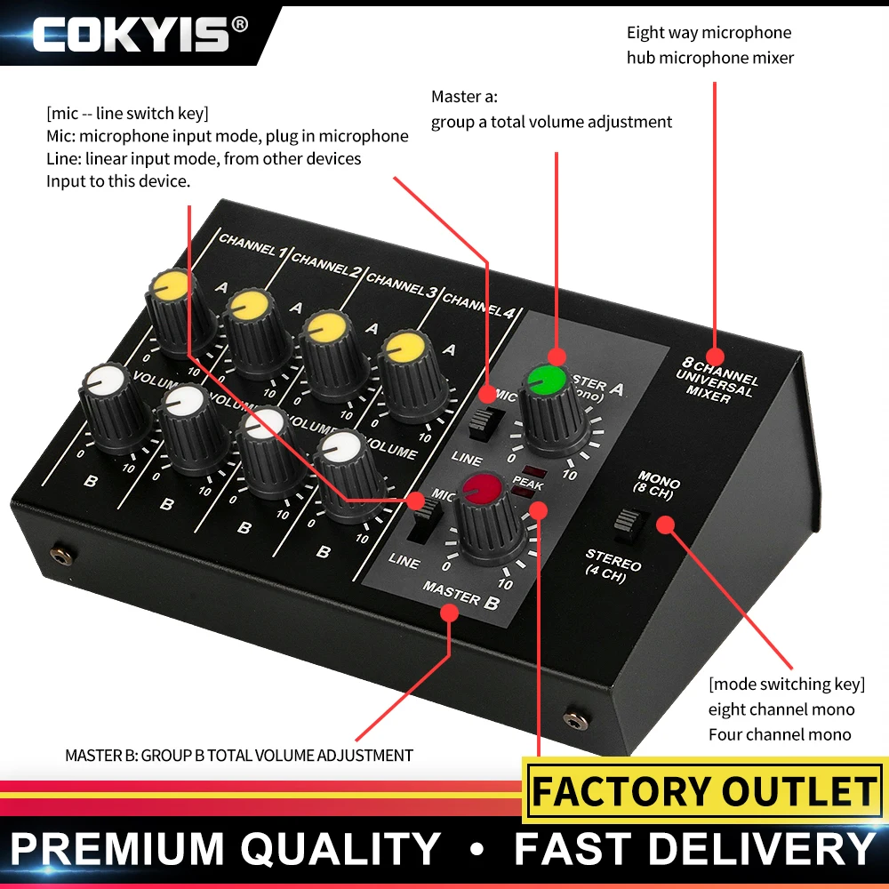 Portable 8 channel metal mono stereo audio mixer with power adapter cable audio mixer subminiature low noise
Portable 8 channel metal mono stereo audio mixer with power adapter cable audio mixer subminiature low noise