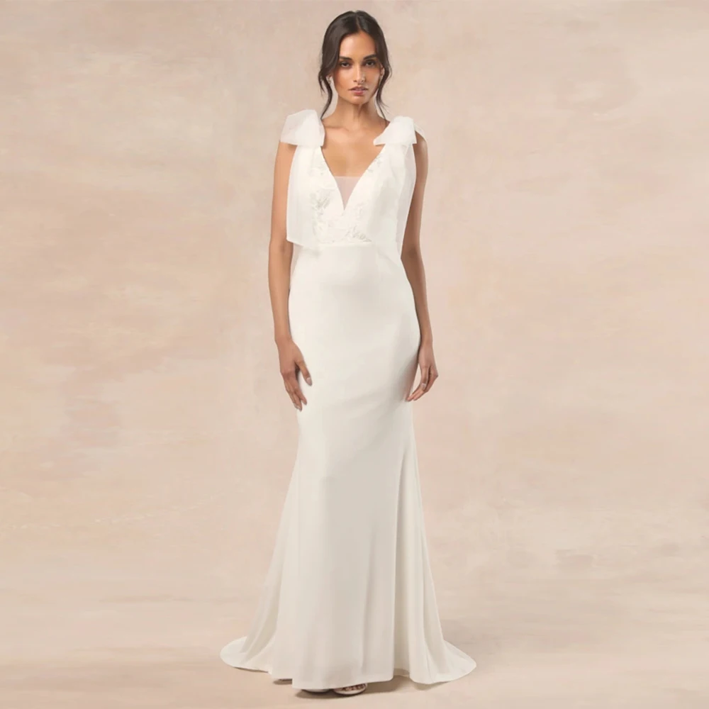 Customized Elegant Boho Wedding Dresses Solid Color Satin Bow Applique Flower Mermaid V-neck Floor Length Dresses Gowns 2025
Customized Elegant Boho Wedding Dresses Solid Color Satin Bow Applique Flower Mermaid V-neck Floor Length Dresses Gowns 2025