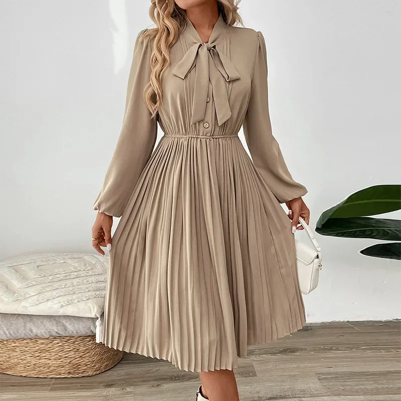 Women Pleated Solid Color Dress Bow Neck Long Sleeve High Waist Slim Solid Color Office Smart Dress
Women Pleated Solid Color Dress Bow Neck Long Sleeve High Waist Slim Solid Color Office Smart Dress
