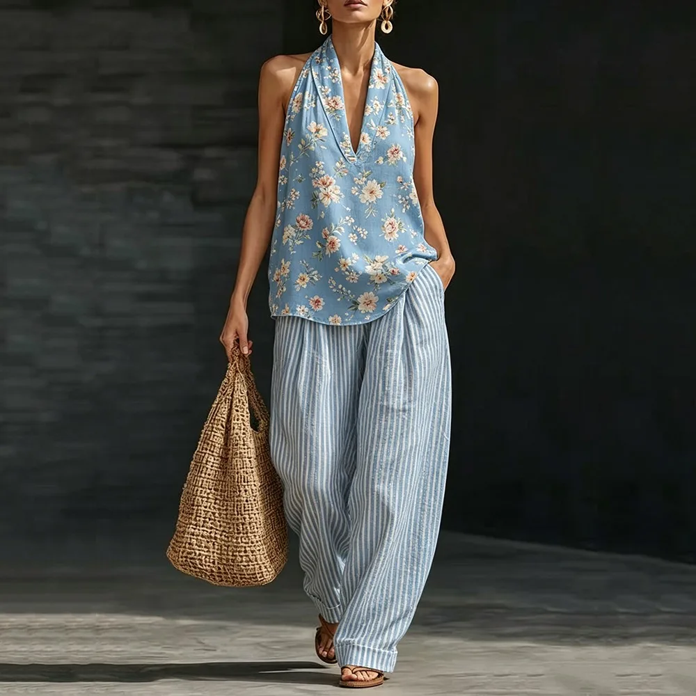 Women's Floral Print Sexy Halter Top & Loose Versatile Striped Wide Leg Pants Two Piece Set Elegant Casual Outfit For Daily Wear
Women's Floral Print Sexy Halter Top & Loose Versatile Striped Wide Leg Pants Two Piece Set Elegant Casual Outfit For Daily Wear