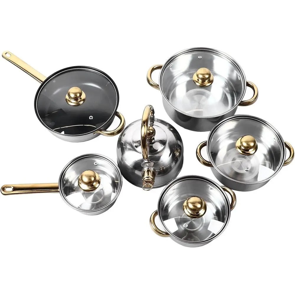 12-Piece Stainless Steel Cookware Set with Gold Handles, Heat-Resistant, Easy Cleaning, Suitable for All Cooktops
12-Piece Stainless Steel Cookware Set with Gold Handles, Heat-Resistant, Easy Cleaning, Suitable for All Cooktops
