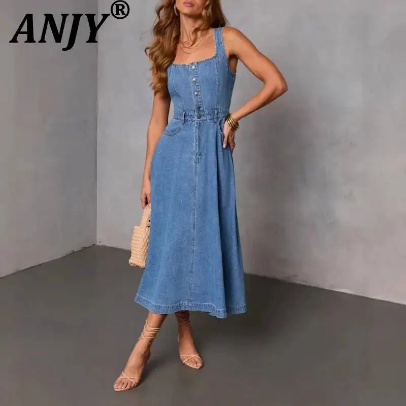 ANJY Spring Summer New Women Elegant Fashion Washed Vintage Denim Sleeveless Buttons Pocket Slim Fit Stylish Strap Dress A22961
ANJY Spring Summer New Women Elegant Fashion Washed Vintage Denim Sleeveless Buttons Pocket Slim Fit Stylish Strap Dress A22961