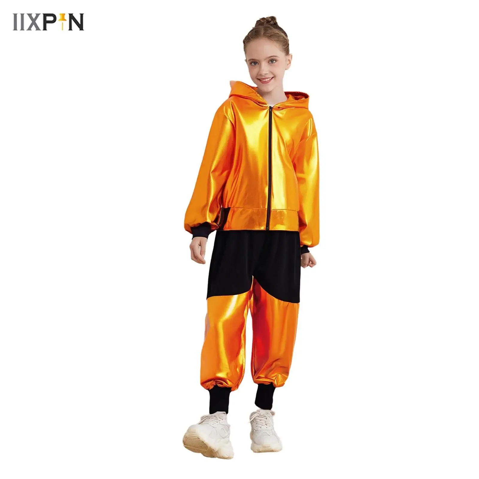 Kids Girls Boys Hip-Hop Jazz Dance Outfit Long Sleeve Zipper Metallic Hooded Jacket with Elastic Waistband Color Block Pants Set
Kids Girls Boys Hip-Hop Jazz Dance Outfit Long Sleeve Zipper Metallic Hooded Jacket with Elastic Waistband Color Block Pants Set
