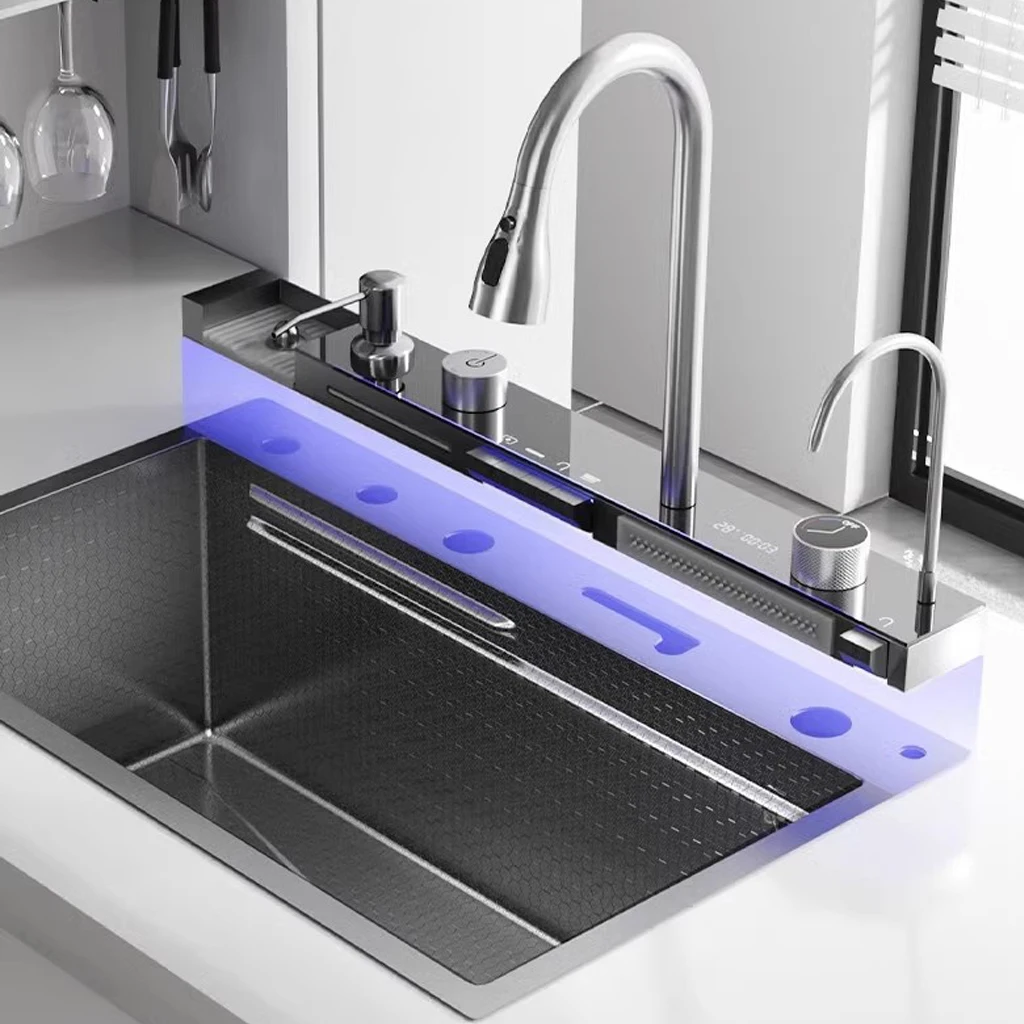 China Factory Kitchenroom Sink Multifunction Smart Waterfall Stainless Steel Sink Kitchen Kitchen Sinks with 4function
China Factory Kitchenroom Sink Multifunction Smart Waterfall Stainless Steel Sink Kitchen Kitchen Sinks with 4function