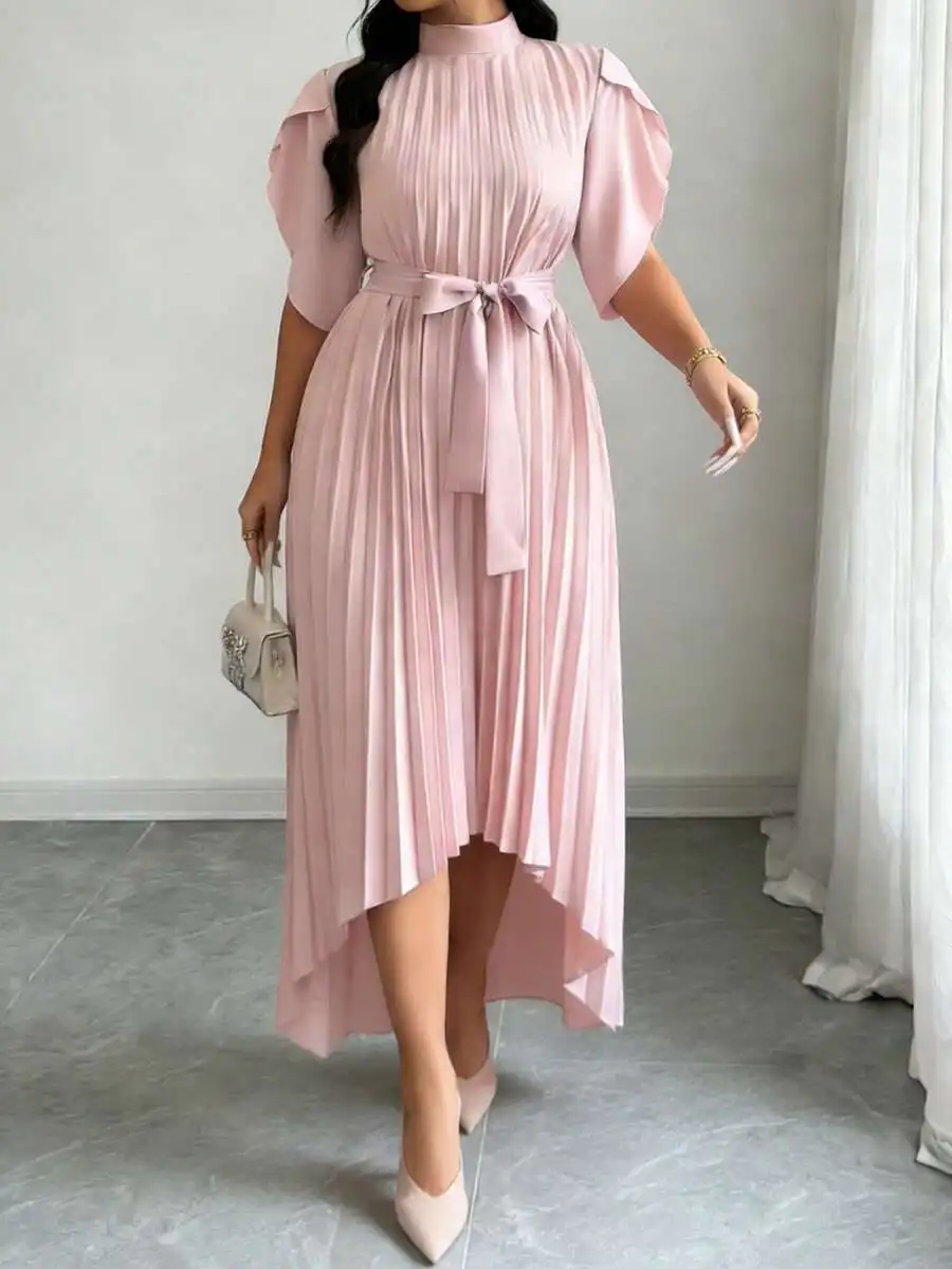 Plus Size Pink Pleated Dress With Flare Sleeve And Belt Asymmetrical Hem Elegant For Daily Festival Holiday Summer
Plus Size Pink Pleated Dress With Flare Sleeve And Belt Asymmetrical Hem Elegant For Daily Festival Holiday Summer