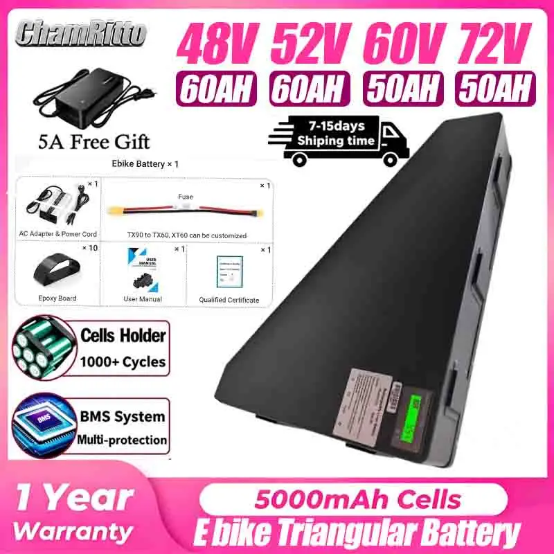 Electric Bike Down Tube Triangle Battery 36V 48V 52V 72V 60V 20 24 35 30ah 40ah 50ah 60ah 3000W Lithium Battery with 5A Charger
Electric Bike Down Tube Triangle Battery 36V 48V 52V 72V 60V 20 24 35 30ah 40ah 50ah 60ah 3000W Lithium Battery with 5A Charger
