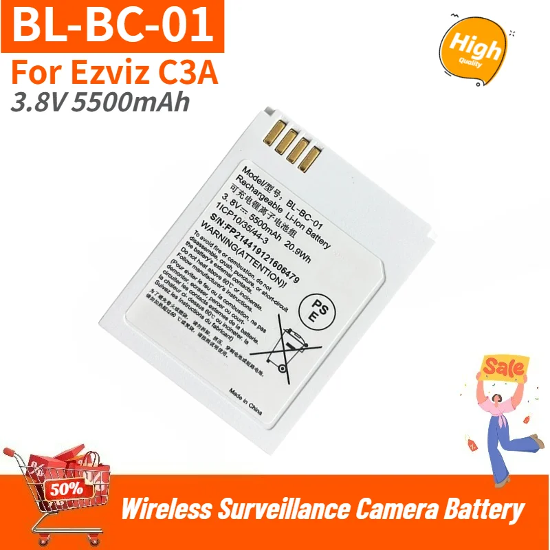 High Quality BL-BC-01 Battery 3.8V 5500mAh for Ezviz C3A Wireless Surveillance Camera Brand New Replacement Battery
High Quality BL-BC-01 Battery 3.8V 5500mAh for Ezviz C3A Wireless Surveillance Camera Brand New Replacement Battery