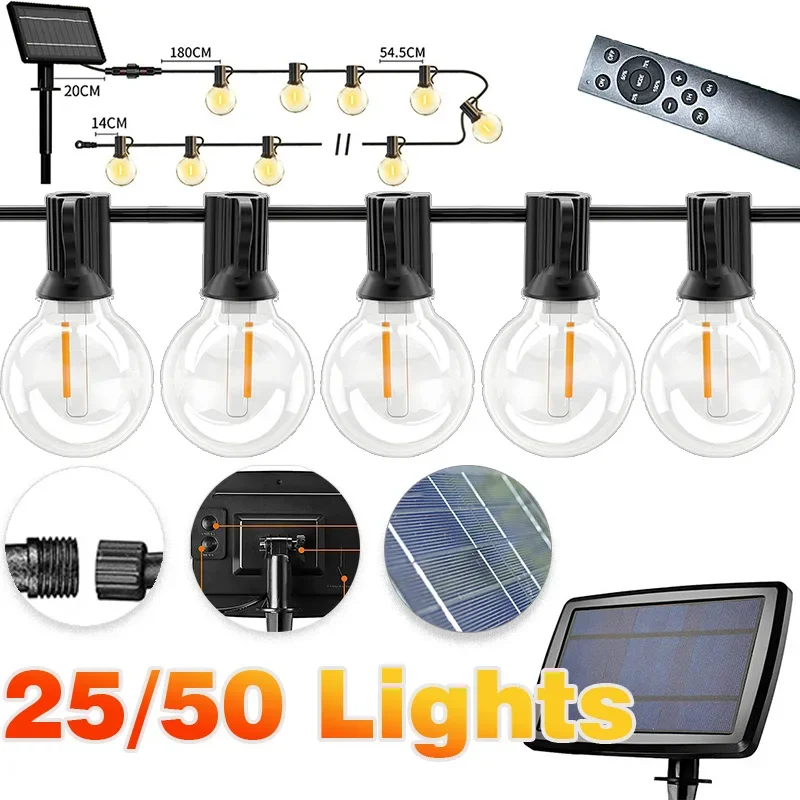 25/50 Lights Solar String Light Outdoor G40 Garden Light With Remote Control Shatterproof Bulb Weatherproof LED Hanging Light
25/50 Lights Solar String Light Outdoor G40 Garden Light With Remote Control Shatterproof Bulb Weatherproof LED Hanging Light