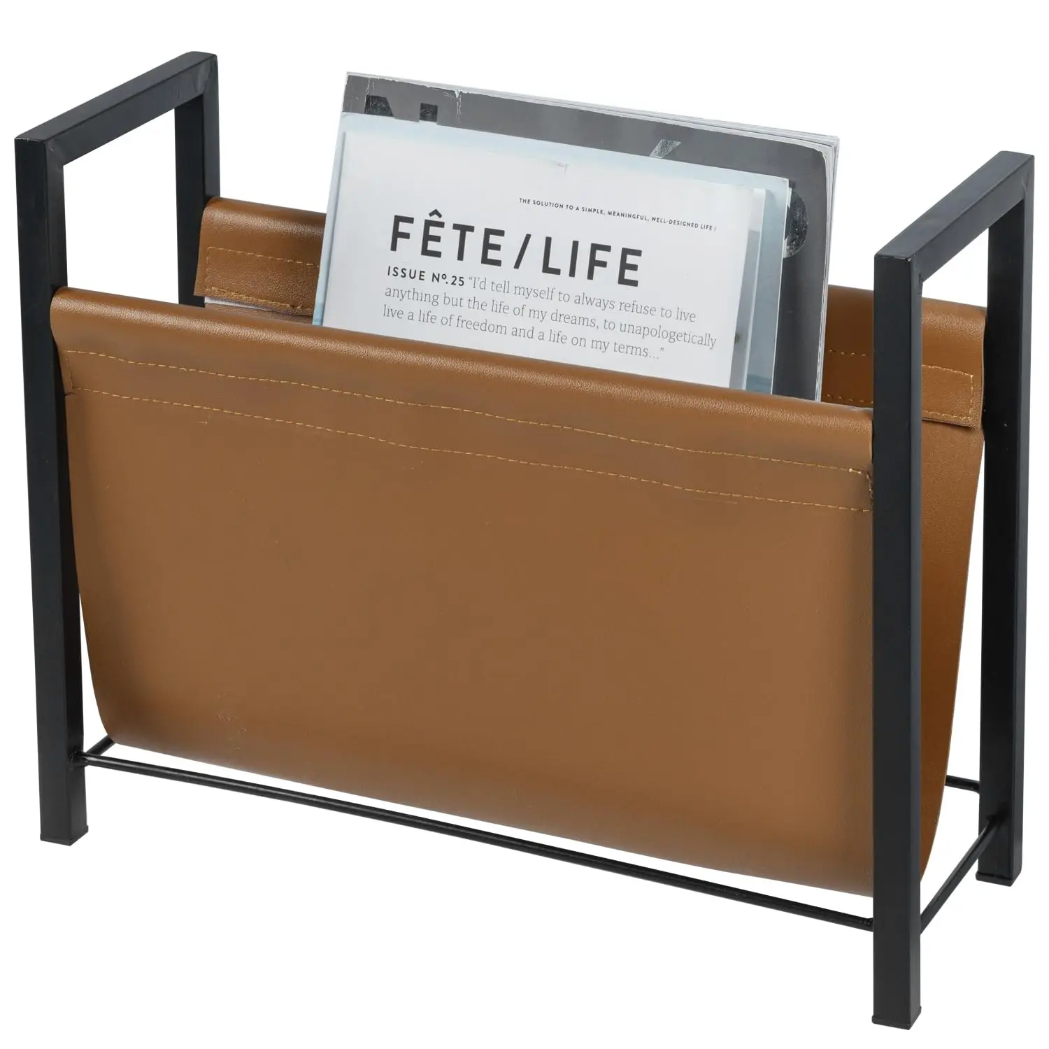 15 Inch Contemporary Caramel Faux Leather Magazine Rack With Black Metal Frame For Home Office Bathroom Storage
15 Inch Contemporary Caramel Faux Leather Magazine Rack With Black Metal Frame For Home Office Bathroom Storage