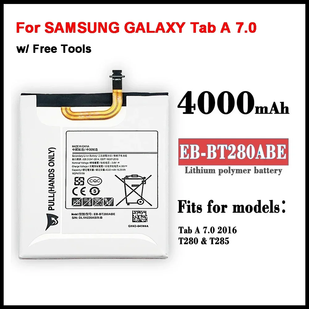 Tablet Battery EB-BT280ABE For SAMSUNG GALAXY Tab A 7.0 2016 T280 T285 SM-T280 Replacement Battery 4000mAh + Tools
Tablet Battery EB-BT280ABE For SAMSUNG GALAXY Tab A 7.0 2016 T280 T285 SM-T280 Replacement Battery 4000mAh + Tools