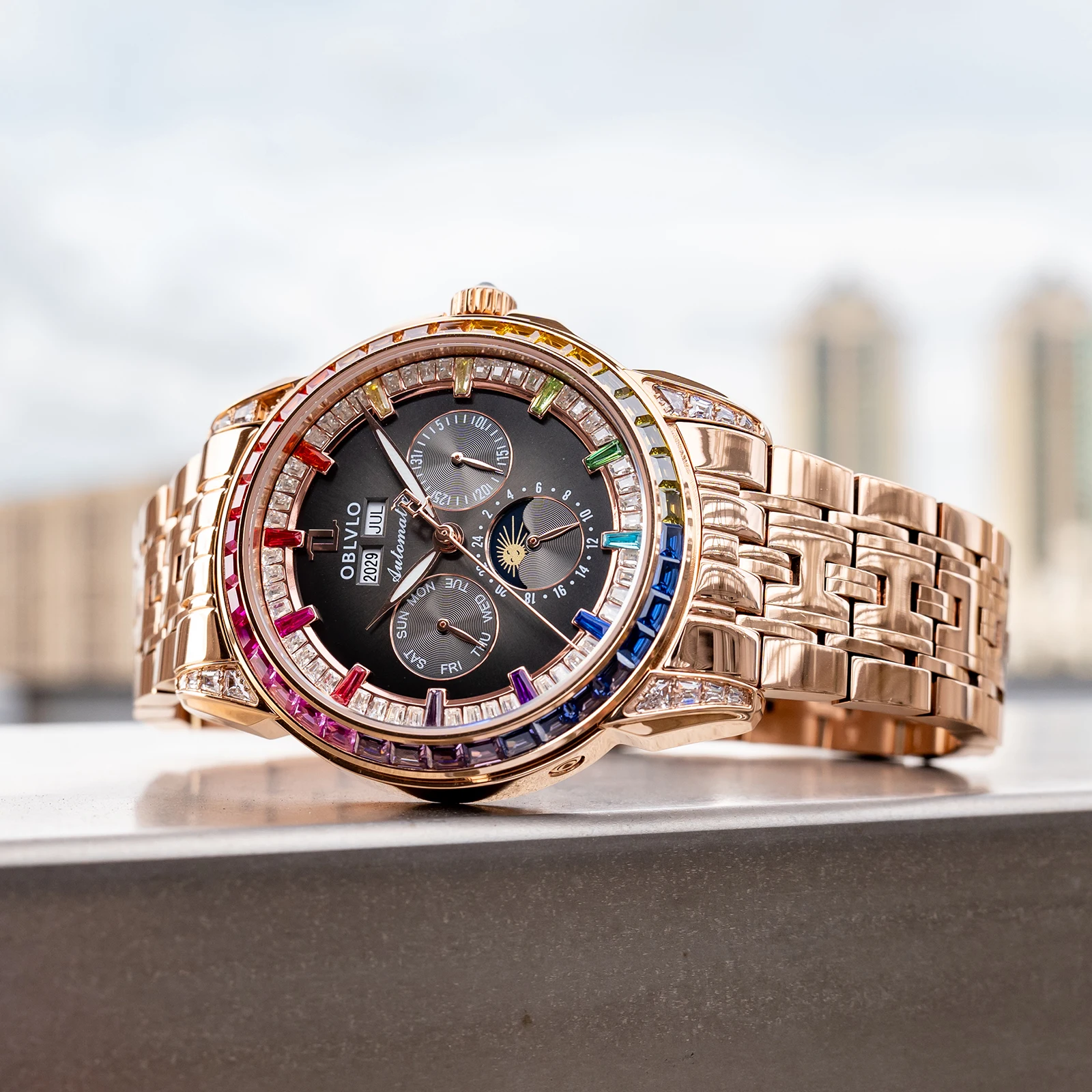 OBLVLO Luxury Rose Gold Multifunctional Moonphase Automatic Watch with Colorful Diamonds Mechanical Classic Timepiece GCM-MUT
OBLVLO Luxury Rose Gold Multifunctional Moonphase Automatic Watch with Colorful Diamonds Mechanical Classic Timepiece GCM-MUT