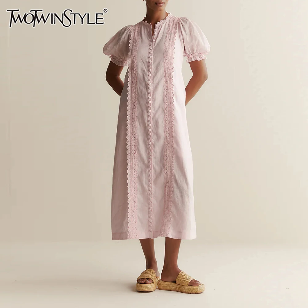 TWOTWINSTYLE Solid Loose Fashion Dresses for Women Round Neck Short Sleeves Patchwork Lace Temperament Dress Female Clothing New
TWOTWINSTYLE Solid Loose Fashion Dresses for Women Round Neck Short Sleeves Patchwork Lace Temperament Dress Female Clothing New