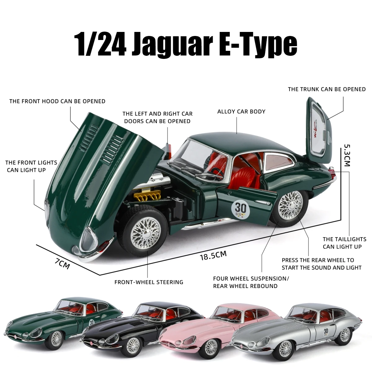 1/24 Jaguar E-Type Classical Toy Car Model Diecast Alloy Metal Miniature Vehicle Model Sound & Light Collection Gift For Boy
1/24 Jaguar E-Type Classical Toy Car Model Diecast Alloy Metal Miniature Vehicle Model Sound & Light Collection Gift For Boy