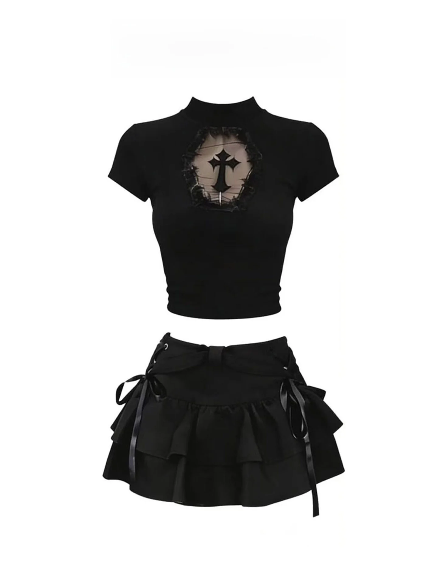Gothic Y2K Hot Girl Outfit Women's Summer Black Hollow Short Sleeve Top Fluffy Cake Short Skirt Pants Two-Piece Set
Gothic Y2K Hot Girl Outfit Women's Summer Black Hollow Short Sleeve Top Fluffy Cake Short Skirt Pants Two-Piece Set