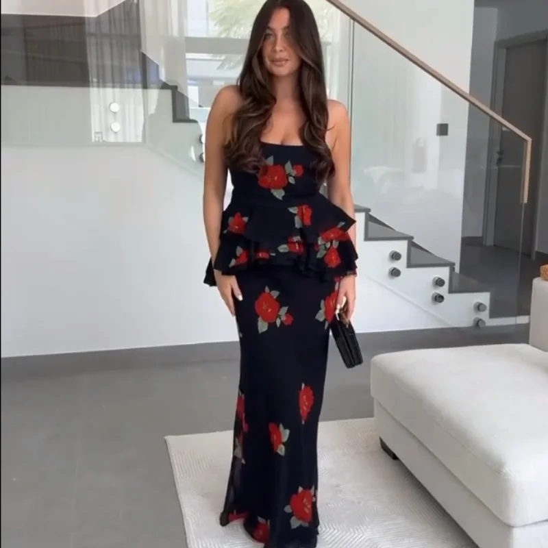 Elegant Ruffle Top Skirt Set Women Chic Print Sleeveless Backless Sling Top Hip Package Long Skirt Sets 2025 Summer Lady Dress
Elegant Ruffle Top Skirt Set Women Chic Print Sleeveless Backless Sling Top Hip Package Long Skirt Sets 2025 Summer Lady Dress
