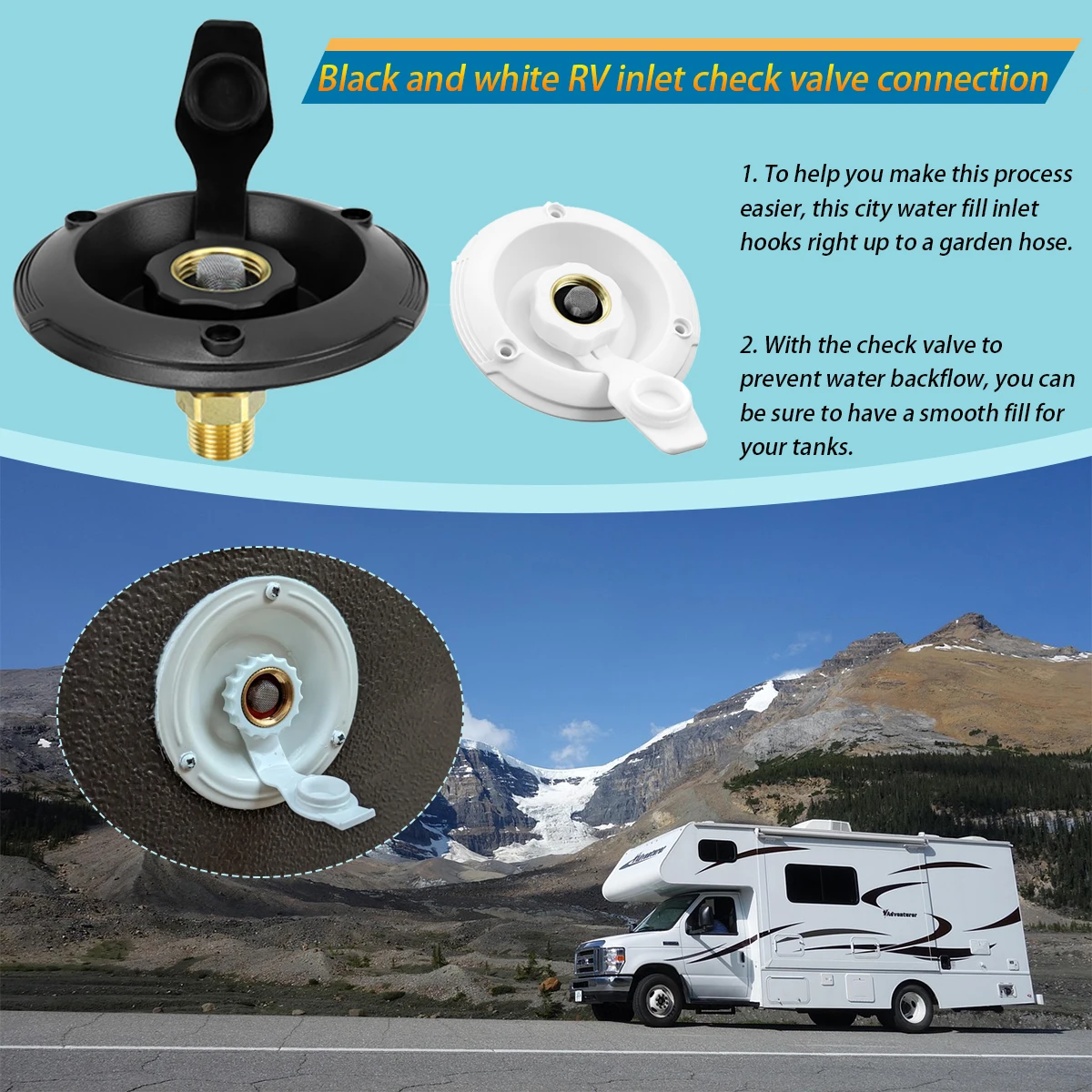 Black/white RV inlet connection, with 3/4 NH internal thread to 1/2NPT external thread lead-free brass connection interface.
Black/white RV inlet connection, with 3/4 NH internal thread to 1/2NPT external thread lead-free brass connection interface.
