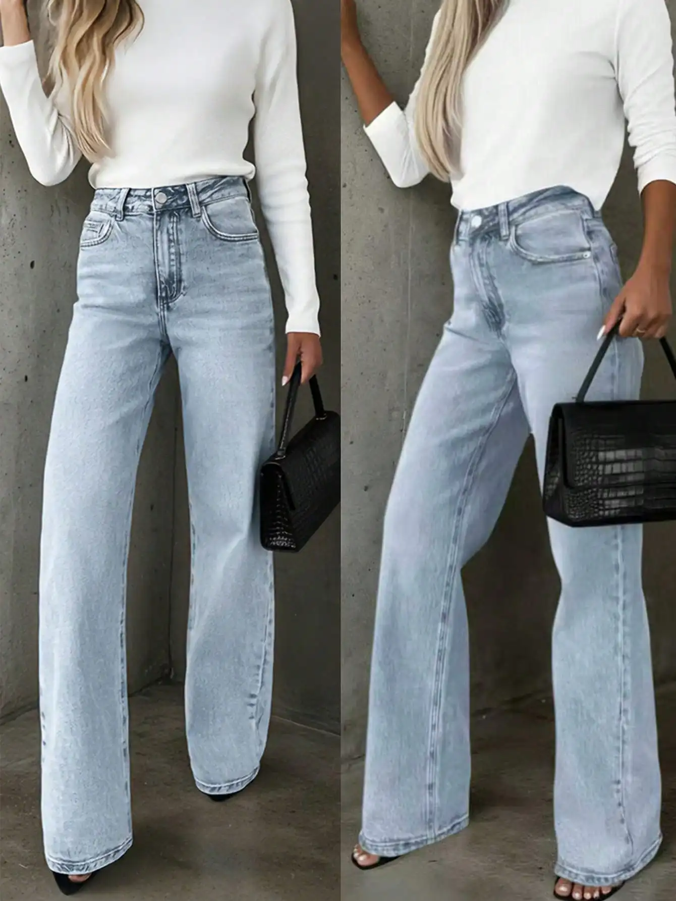 Женские джинсы с высокой талией, широкими штанинами и карманами, светло-голубые, повседневный стиль
Женские джинсы с высокой талией, широкими штанинами и карманами, светло-голубые, повседневный стиль