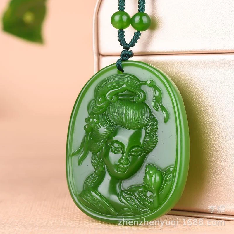 Hotan Jadeite Guanyin Pendant Men, Spinach Green Old Mine Material, Grade A Jade
Hotan Jadeite Guanyin Pendant Men, Spinach Green Old Mine Material, Grade A Jade