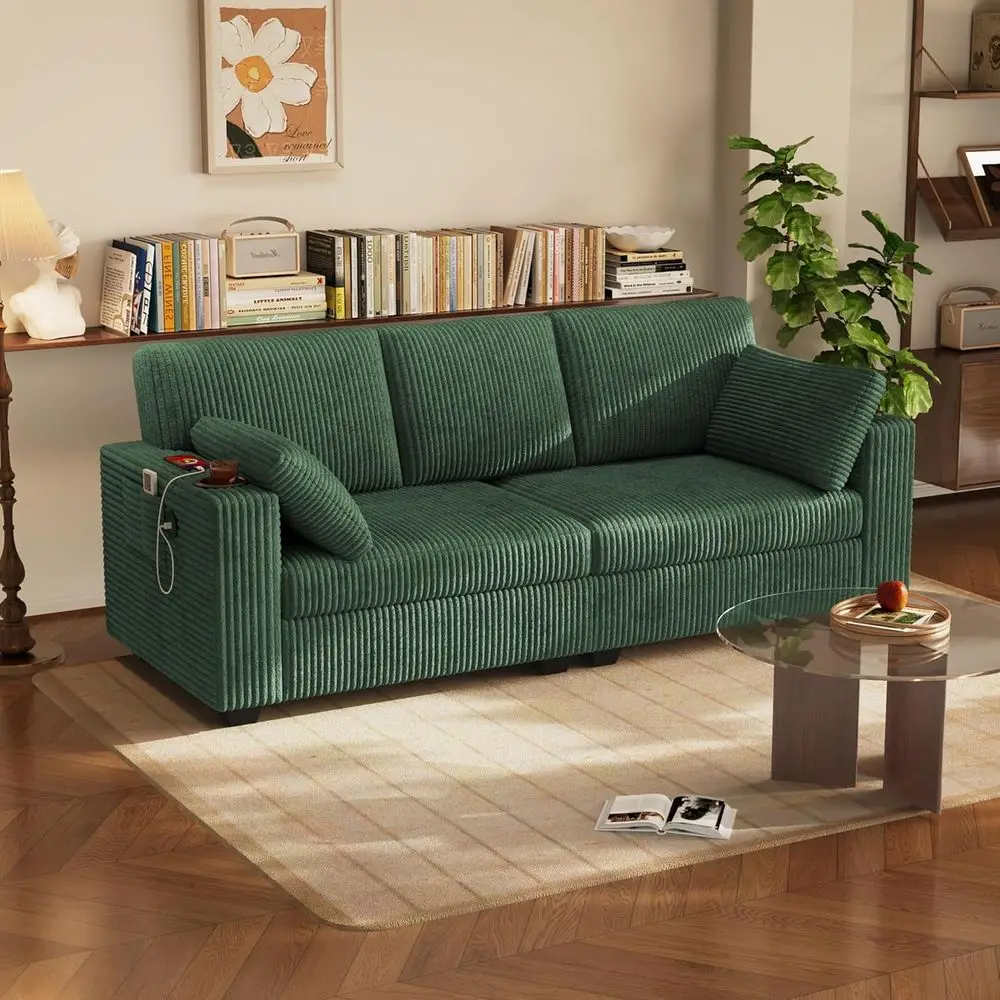 Зеленый вельветовый 3-местный диван с подстаканниками, USB-портами и подушками для гостиной и небольших помещений
Зеленый вельветовый 3-местный диван с подстаканниками, USB-портами и подушками для гостиной и небольших помещений