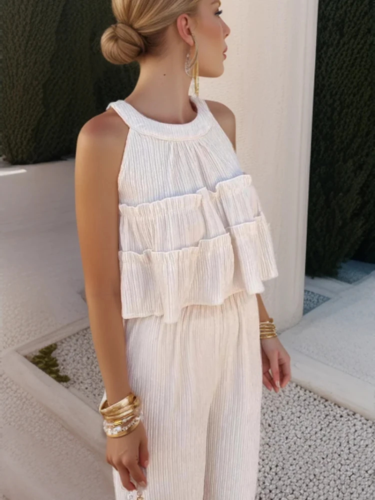 Summer New Sweet Ruffles O Neck Sleeveless Tops High Waist Loose Casual Straight Pants Fashion Two-piece Set for Women Outfits 
Summer New Sweet Ruffles O Neck Sleeveless Tops High Waist Loose Casual Straight Pants Fashion Two-piece Set for Women Outfits