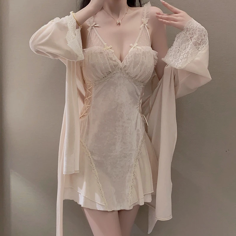 Sexy Lace Trim Satin Nightgown With Push Up Padded Bust Bow-knot Straps Sheer Mesh Robe For Women Sleepwear Homewear Clothing
Sexy Lace Trim Satin Nightgown With Push Up Padded Bust Bow-knot Straps Sheer Mesh Robe For Women Sleepwear Homewear Clothing