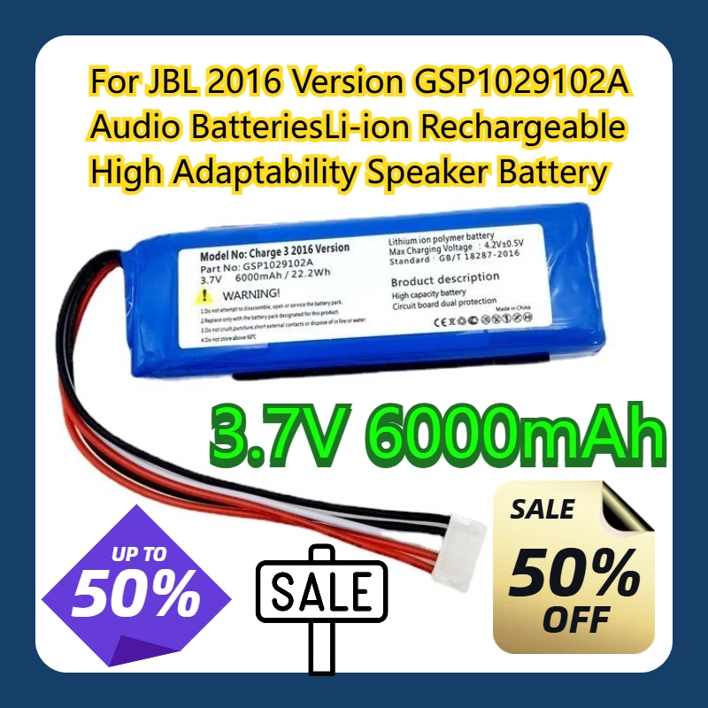 For JBL 2016 Version GSP1029102A 3.7V 6000mAh Audio BatteriesLi-ion Rechargeable High Adaptability Speaker Battery
For JBL 2016 Version GSP1029102A 3.7V 6000mAh Audio BatteriesLi-ion Rechargeable High Adaptability Speaker Battery
