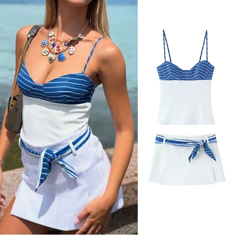 Summer Women Striped Patchwork Sets Camisole+Asymmetry Mini Skirt Two Pieces Suits Female Elegant Outfits Lady Chic Streetwear
Summer Women Striped Patchwork Sets Camisole+Asymmetry Mini Skirt Two Pieces Suits Female Elegant Outfits Lady Chic Streetwear