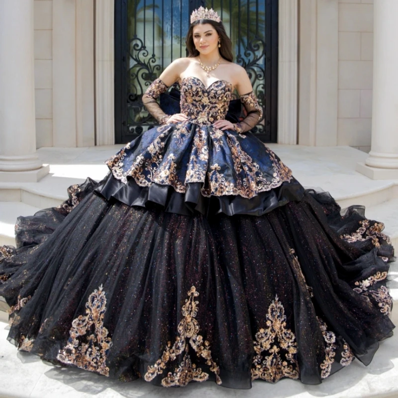 Black Shiny Ball Gown Quinceanera Dresses Off The Shoulder Applique Lace Beading Bow Tull Party Birthday Sweet 16 Dress Vestidos 
Black Shiny Ball Gown Quinceanera Dresses Off The Shoulder Applique Lace Beading Bow Tull Party Birthday Sweet 16 Dress Vestidos