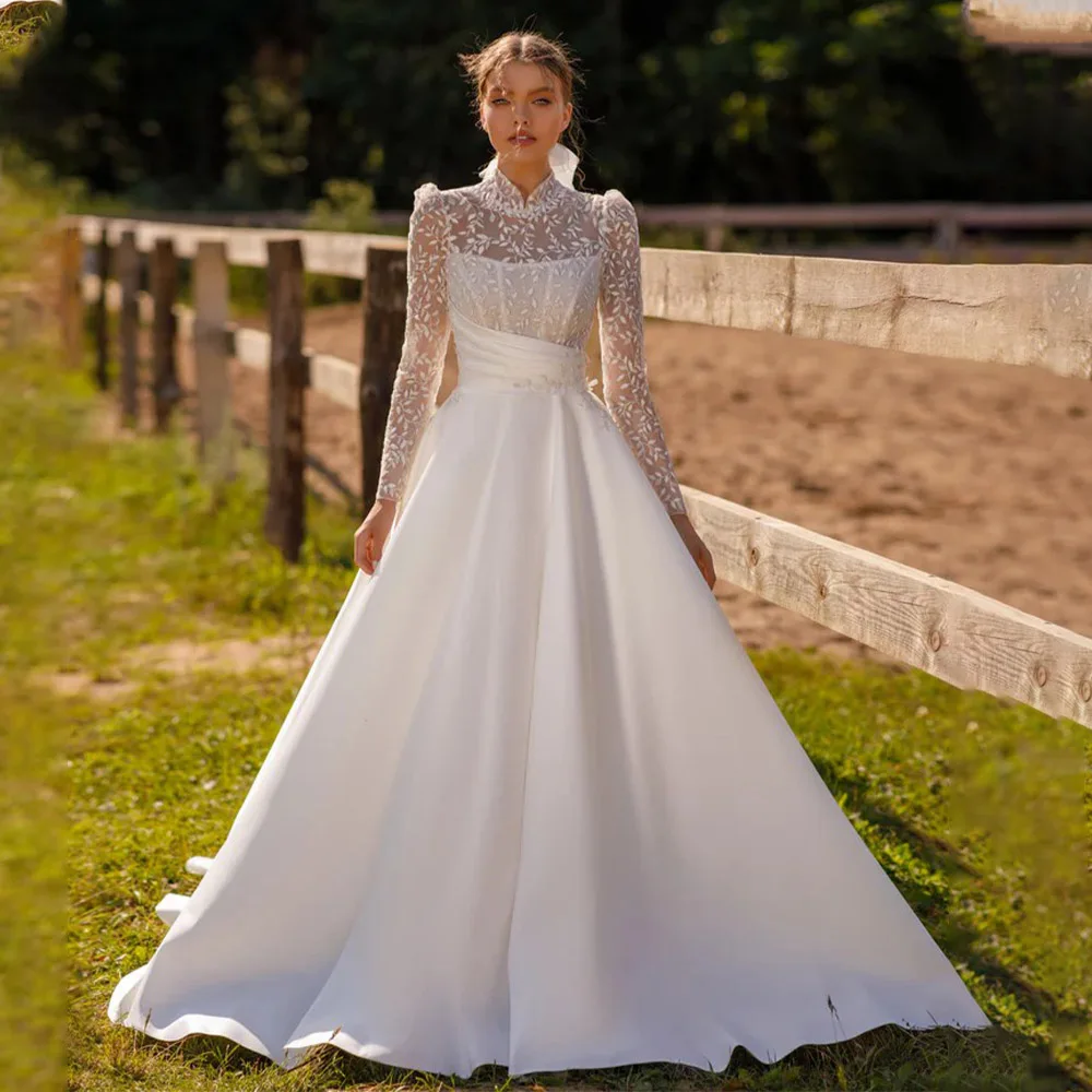 Modern High Neck Full Sleeves Lace Satin Princess Wedding Dresses Sweep Train Custom Made Bridal Grown 2024 Vestido De Noival
Modern High Neck Full Sleeves Lace Satin Princess Wedding Dresses Sweep Train Custom Made Bridal Grown 2024 Vestido De Noival