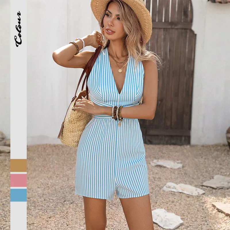 Summer Clothes Jumpsuit Women's Striped Cross Back Romper Sleeveless V Neck Short Jumpsuit High Waist Tie Waist Jumpsuits
Summer Clothes Jumpsuit Women's Striped Cross Back Romper Sleeveless V Neck Short Jumpsuit High Waist Tie Waist Jumpsuits