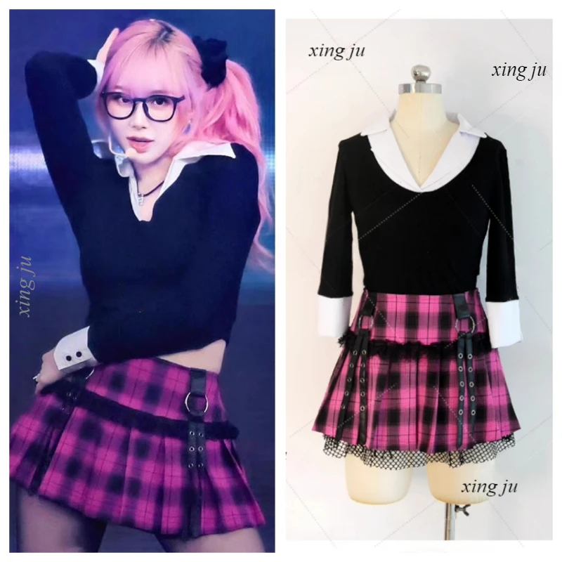 Korean Singer Kpop Nightclub Outfits Fake Two V-neck Tops Sexy Lace Plaid Skirt Women Jazz Dance Costumes Stage Performance Wear
Korean Singer Kpop Nightclub Outfits Fake Two V-neck Tops Sexy Lace Plaid Skirt Women Jazz Dance Costumes Stage Performance Wear
