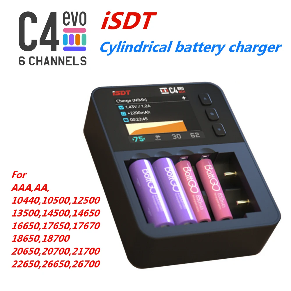 ISDT C4 EVO Smart Battery Charger with Type-C QC3.0 Output for AA AAA Li-ion Battery with IPS Display Screen and Fire Prevention
ISDT C4 EVO Smart Battery Charger with Type-C QC3.0 Output for AA AAA Li-ion Battery with IPS Display Screen and Fire Prevention