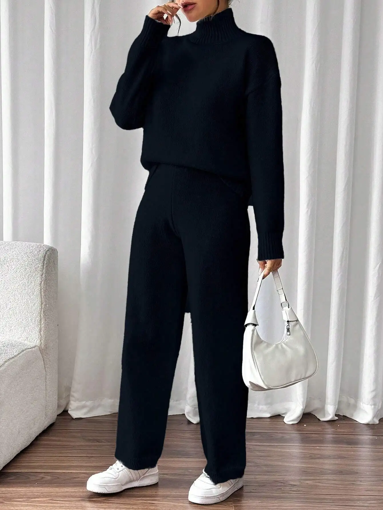 2 Piece Set Solid Color Turtleneck Long Sleeve Sweater And Wide Leg Pants Casual Knit Outfit
2 Piece Set Solid Color Turtleneck Long Sleeve Sweater And Wide Leg Pants Casual Knit Outfit