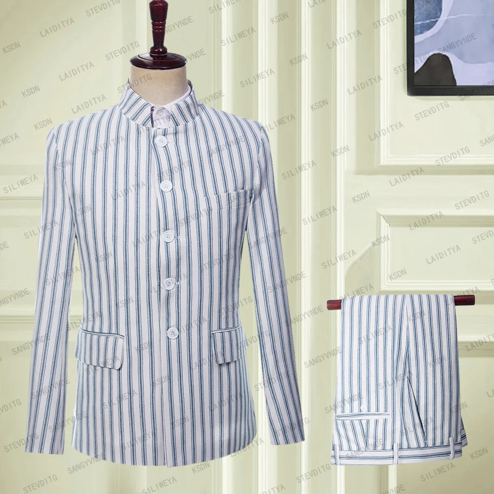 Men's Suit Leisure Linen Summer Coat Stand Collar One Piece Blue Stripe Casual Business Slim Fit Blazer Chaquetas Hombre 2023
Men's Suit Leisure Linen Summer Coat Stand Collar One Piece Blue Stripe Casual Business Slim Fit Blazer Chaquetas Hombre 2023