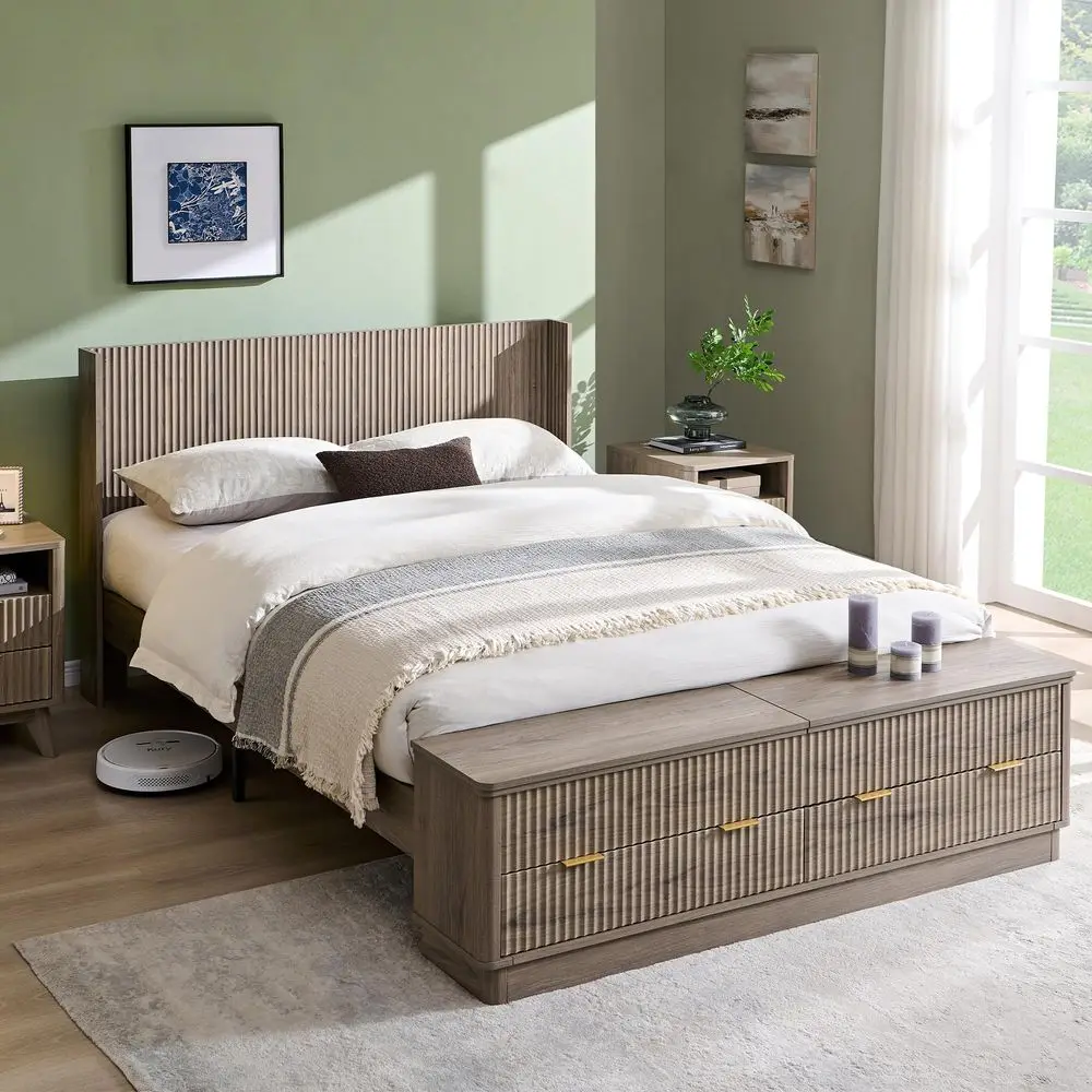 Fluted Queen Size Bed Frame with Wingback Headboard, Footboard Storage Bench with Builtin Drawers amp Lift Compartments, Wood
Fluted Queen Size Bed Frame with Wingback Headboard, Footboard Storage Bench with Builtin Drawers amp Lift Compartments, Wood