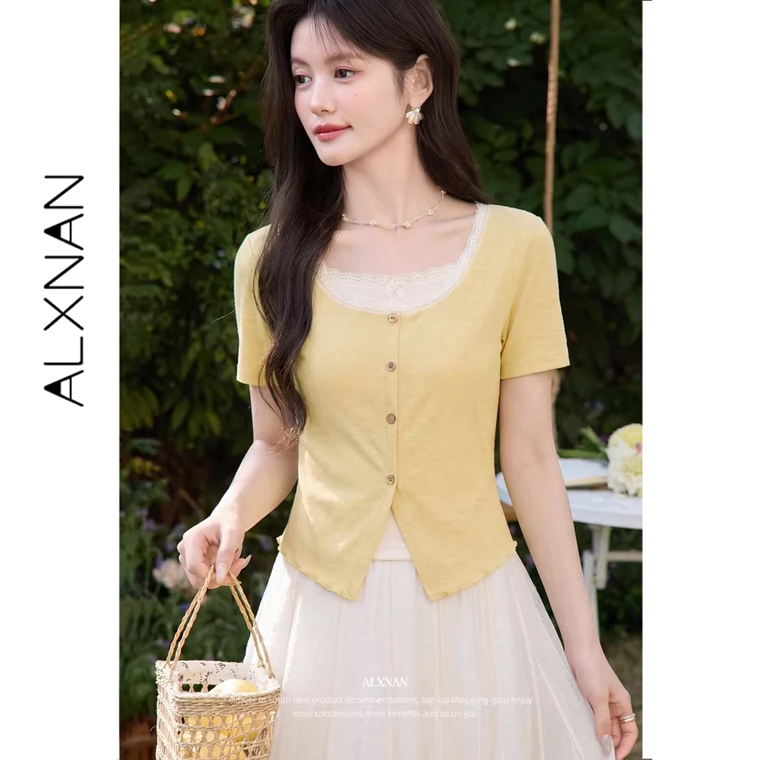 ALXNAN Yellow T-shirt with Lace Collar Elegant Wooden Flower Buttons Short Sleeve Tees Slim-fit Casual Fake Two-piece Top L62123
ALXNAN Yellow T-shirt with Lace Collar Elegant Wooden Flower Buttons Short Sleeve Tees Slim-fit Casual Fake Two-piece Top L62123