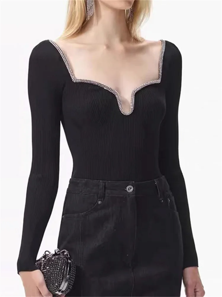 Diamond Embellishment U-neck Knitted Sweater Women Long Sleeve Slim Fit Black Knitwear Pullover Tops for Female 2024 New
Diamond Embellishment U-neck Knitted Sweater Women Long Sleeve Slim Fit Black Knitwear Pullover Tops for Female 2024 New