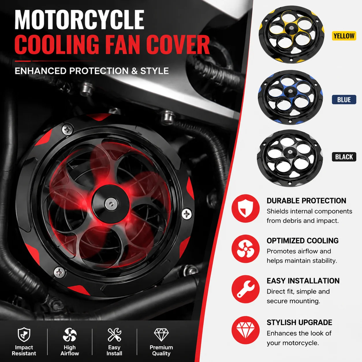 Engine Radiator Guard Metal Motorcycle Fan Cover Motorcycle Engine Modification Accessories Stylish Cooling Fan Cover accessory
Engine Radiator Guard Metal Motorcycle Fan Cover Motorcycle Engine Modification Accessories Stylish Cooling Fan Cover accessory