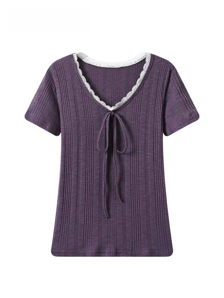Fashionable Lace Short Sleeve V-Neck T-Shirt Women's plus Size Summer New Style Korean Style Slim Fit Cotton Casual Top
Fashionable Lace Short Sleeve V-Neck T-Shirt Women's plus Size Summer New Style Korean Style Slim Fit Cotton Casual Top