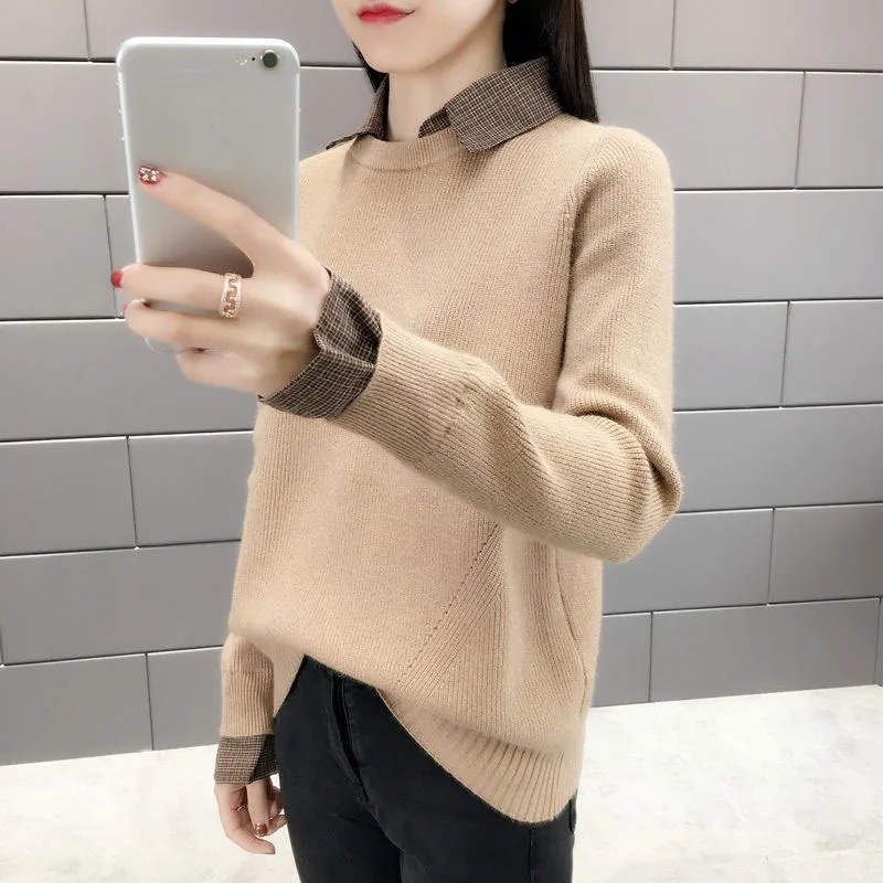 Sweater women's new autumn winter loose fitting pullover spring Korean student fake two-piece shirt collar base knit sweater
Sweater women's new autumn winter loose fitting pullover spring Korean student fake two-piece shirt collar base knit sweater