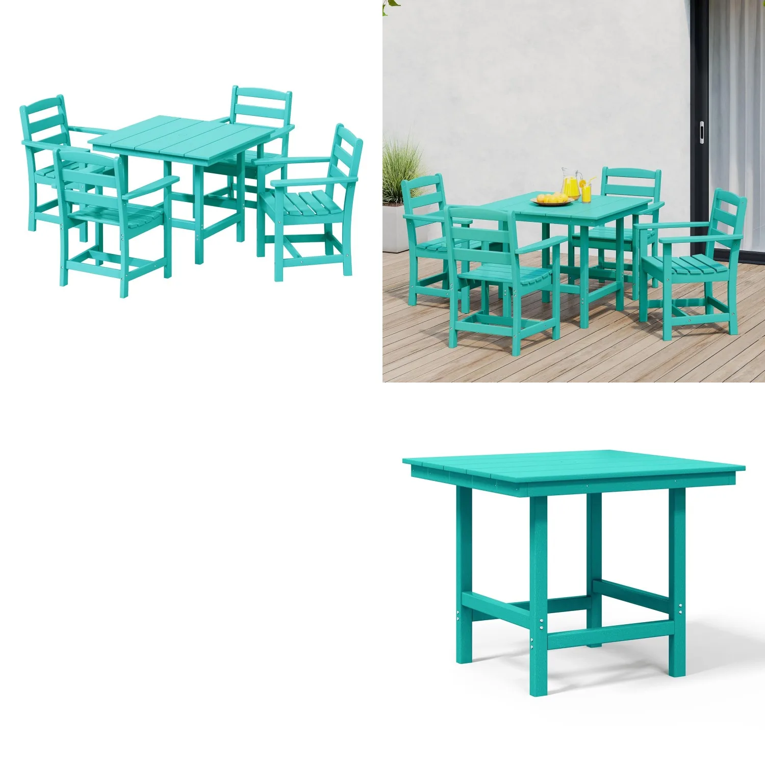 5-Piece HDPE Outdoor Patio Square Dining Table Set with Armchairs, Turquoise, Customized
5-Piece HDPE Outdoor Patio Square Dining Table Set with Armchairs, Turquoise, Customized