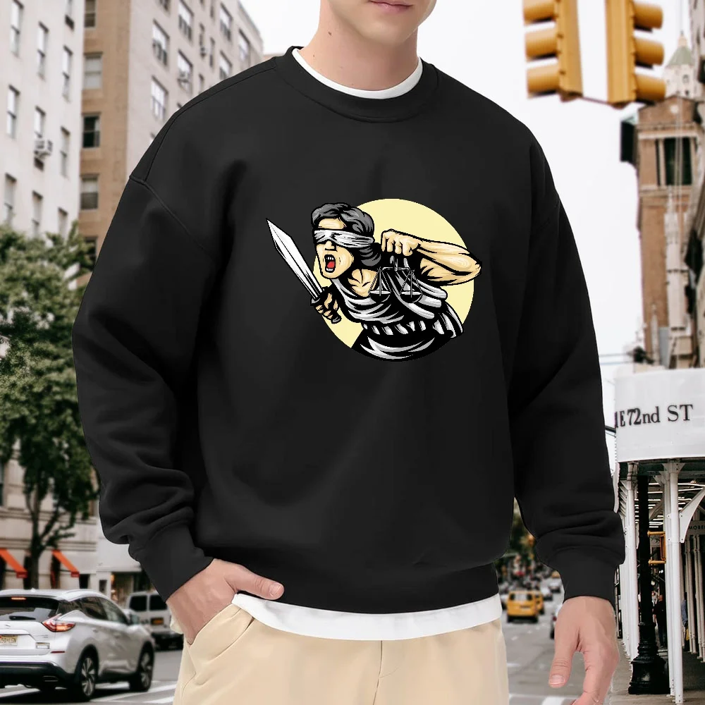 Men's Black Crew Neck Loose Sweatshirt with Justice Goddess Print, Casual Street Style Top, Versatile for Everyday Wear and Sports, Soft and Comfortable
Men's Black Crew Neck Loose Sweatshirt with Justice Goddess Print, Casual Street Style Top, Versatile for Everyday Wear and Sports, Soft and Comfortable